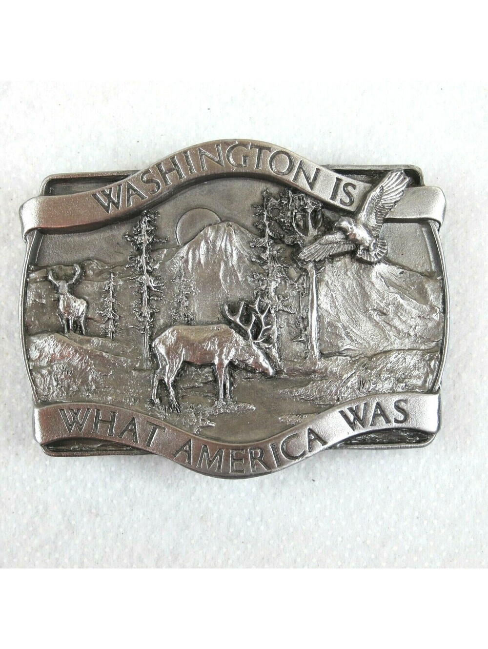 Vintage 1981 Washington Souvenir Belt Buckle Metal Moose Eagle Mount Bergamot
